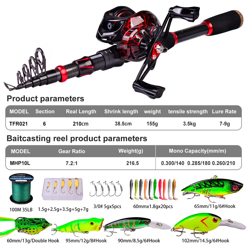 Canna da pesca e mulinello Combo, canna da pesca telescopica in fibra di carbonio da 2,1 m con mulinello da spinning/baitcasting, set di attrezzatura da pesca in acqua salata d'acqua dolce ghiaccio