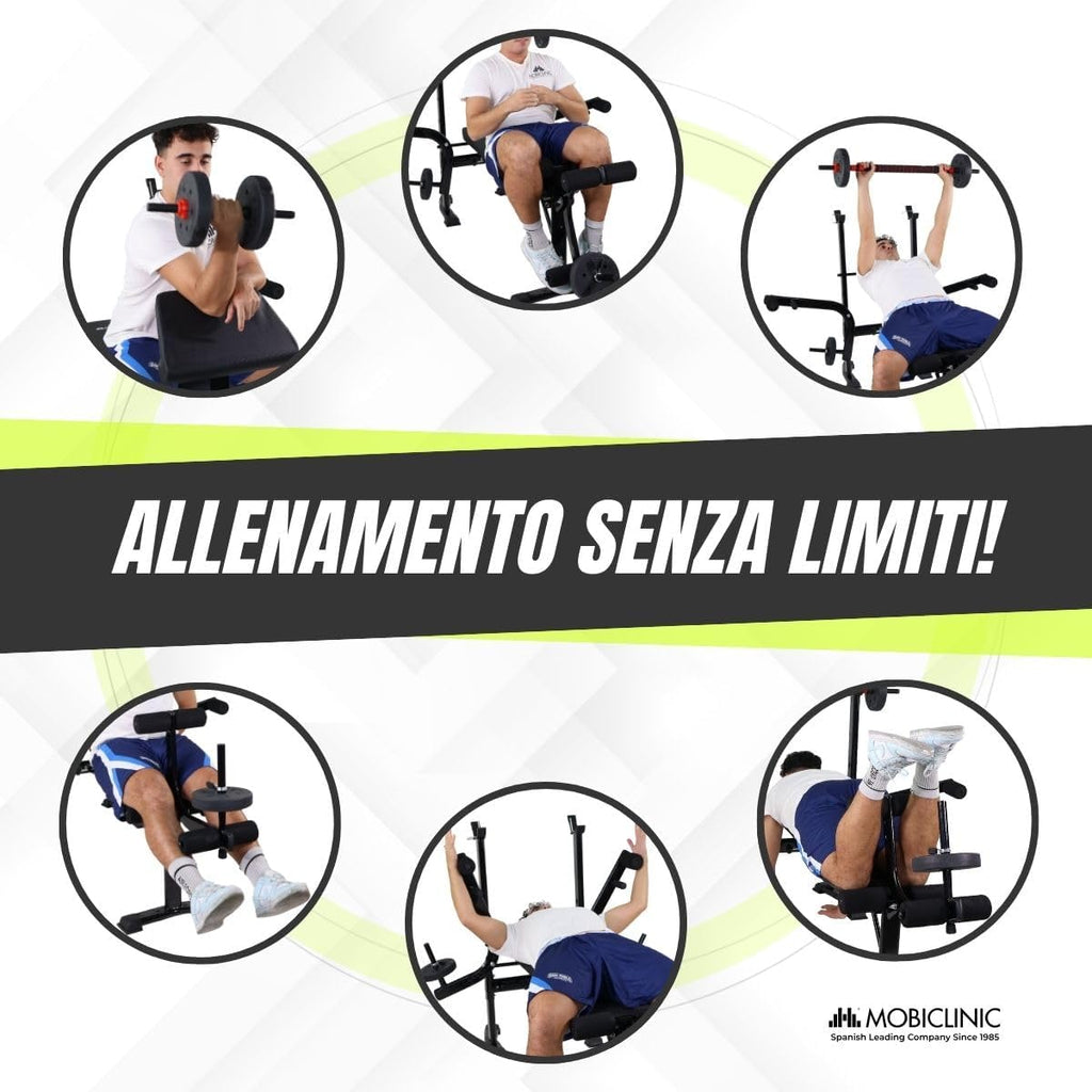 Mobiclinic® fitness, Banc de musculation multifonction, Pressfit, Réglable, Pliable, Acier, Supporte jusqu'à 250 kg, Support pour barres, Idéal pour les exercices de musculation à domicile