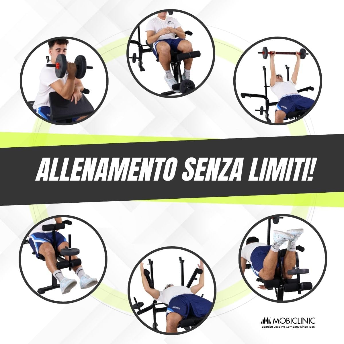 Mobiclinic® fitness, Banc de musculation multifonction, Pressfit, Réglable, Pliable, Acier, Supporte jusqu'à 250 kg, Support pour barres, Idéal pour les exercices de musculation à domicile
