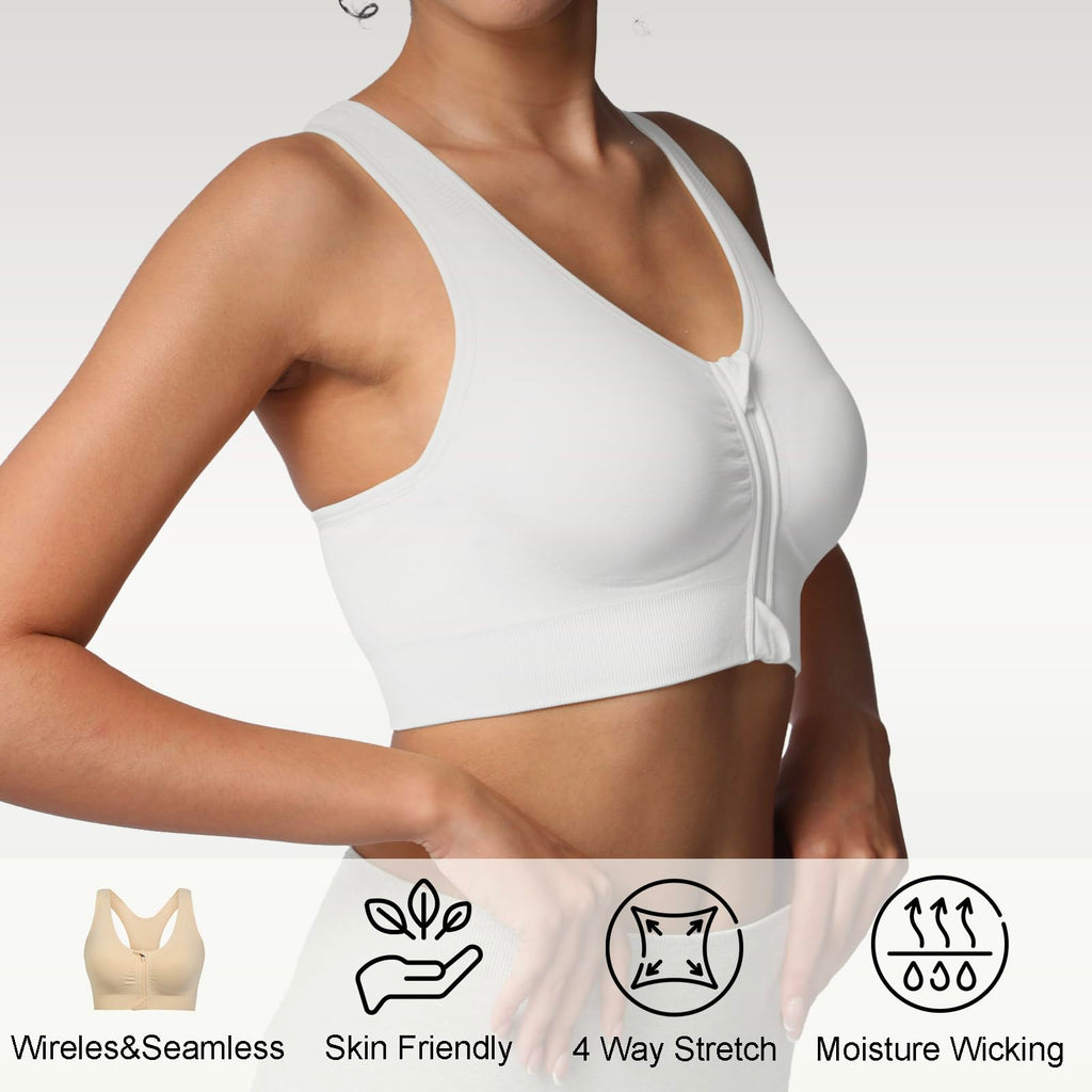 Lemef Soutiens-Gorge de Sport à Fermeture Éclair Avant pour Femmes Soutien-Gorge Post-Chirurgie sans Armature Fermeture Avant Dos Nageur Compression Mastectomie