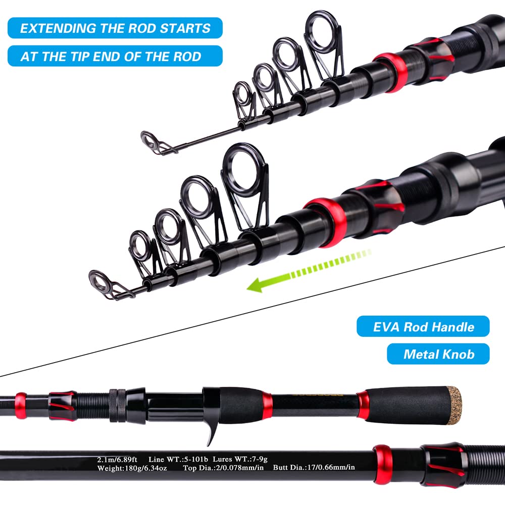 Canna da pesca e mulinello Combo, canna da pesca telescopica in fibra di carbonio da 2,1 m con mulinello da spinning/baitcasting, set di attrezzatura da pesca in acqua salata d'acqua dolce ghiaccio