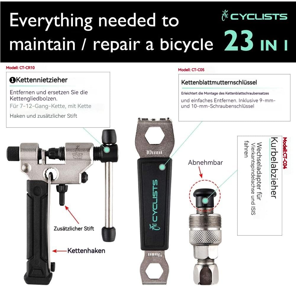cyclists Kit di Riparazione Bici Portatile, Valigetta Attrezzi per Riparazioni Catene e Pneumatici, Set Completo di Attrezzi per Bici con Custodia per Trasporto