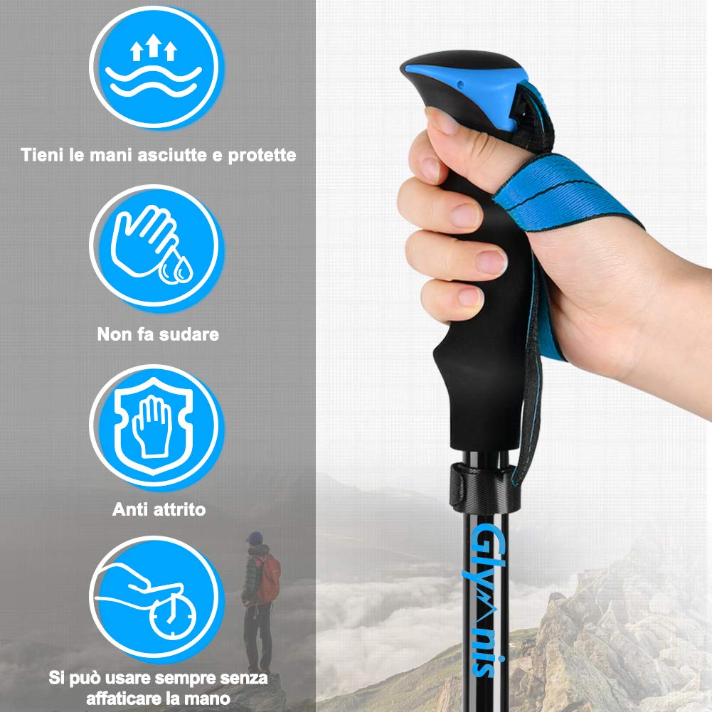 Glymnis Bastoni Trekking Bastoncini da Trekking Pieghevoli e Antiurto 110-130cm 5 Sezioni in Alluminio 7075 Impugnatura in Eva Punta in Carburo di Tungsteno per Escursioni 1 Paio