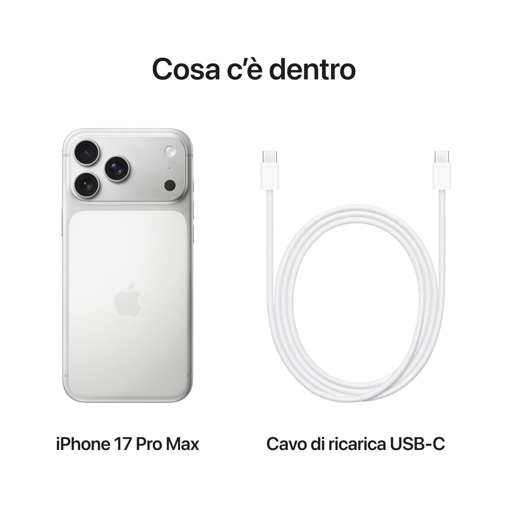 Apple iPhone 17 Pro Max 256 GB: display 6,9", ProMotion fino a 120Hz, chip A19 Pro, autonomia mai vista su iPhone, sistema di fotocamere Pro Fusion, fotocamera frontale Center Stage; Argento
