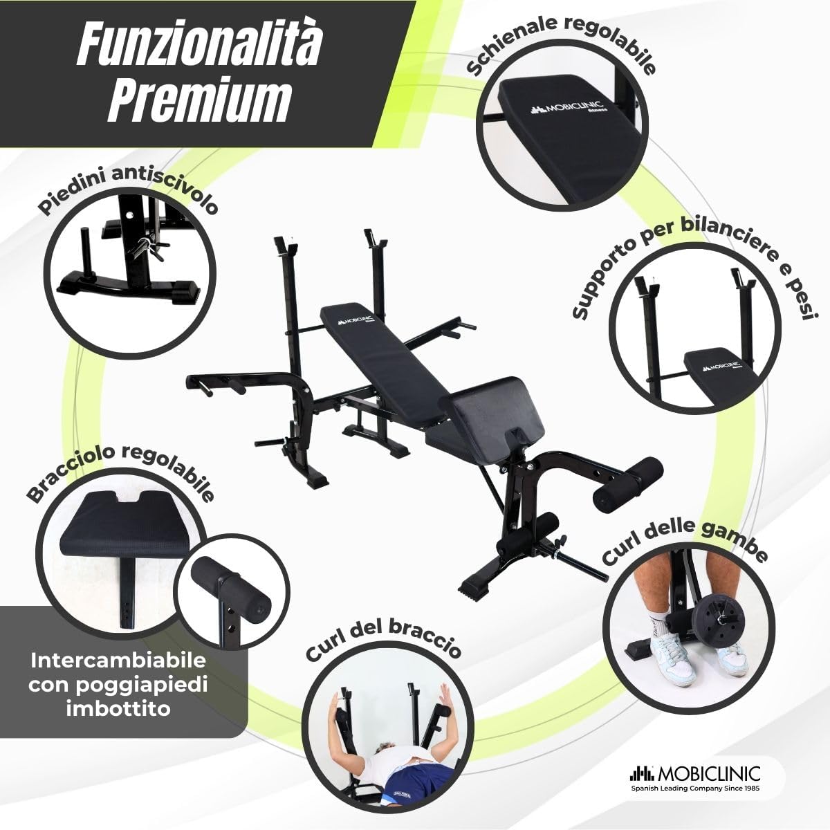 Mobiclinic® fitness, Panca palestra multifunzione, Pressfit, Regolabile, Pieghevole, Acciaio, Supporta fino a 250 kg, Supporto per barre, Ideale esercizi di forza casa