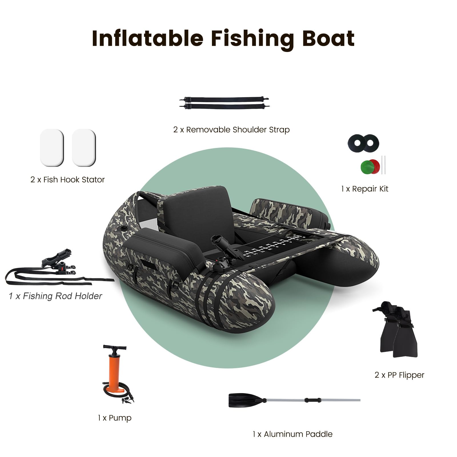 HOMASIS Gommone da Pesca per Adulti, Gommone Gonfiabile con Pinne in PP e Pagaia in Alluminio, Canotto da Pesca con Attrezzatura Completa, Portata 160 kg, 136 x 105 x 54 cm