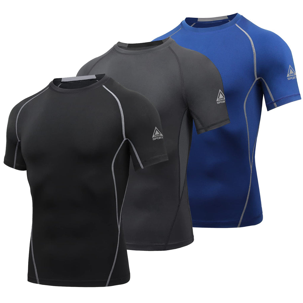 AMZSPORT Maglietta a Compressione da Uomo, a Maniche Corte, Funzionale, Cool Dry, per Allenamento e Corsa