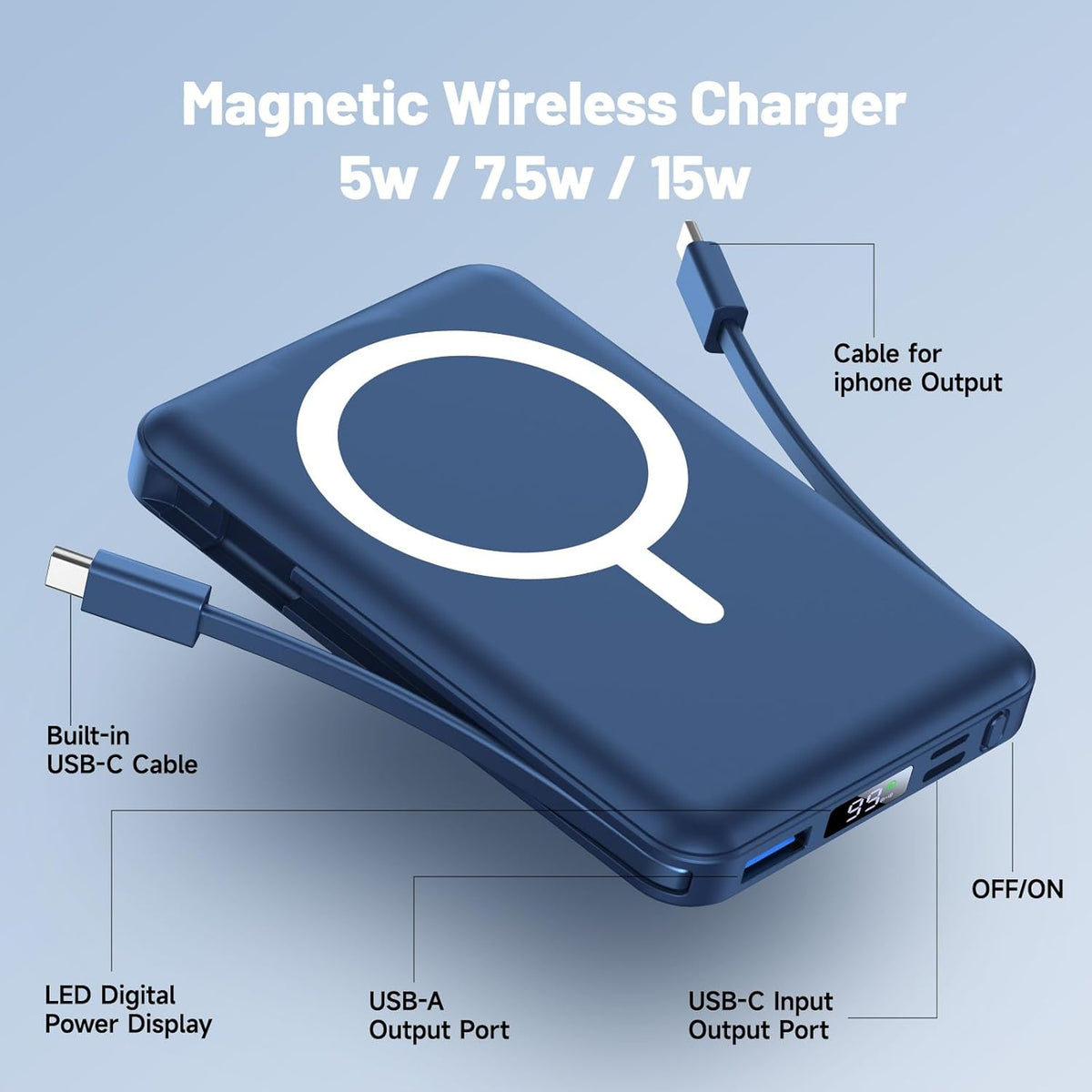 per Magsafe Powerbank 10000mAh, Caricatore Portatile Magnetico Wireless 20W, Ricarica Rapida con Display LED e cavo di ricarica USB-Cper iPhone 17/16/15/14/13/12 Pro/Pro Max/Plus(Blu)
