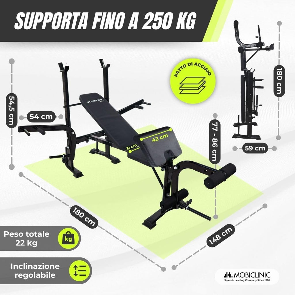 Mobiclinic® fitness, Banc de musculation multifonction, Pressfit, Réglable, Pliable, Acier, Supporte jusqu'à 250 kg, Support pour barres, Idéal pour les exercices de musculation à domicile
