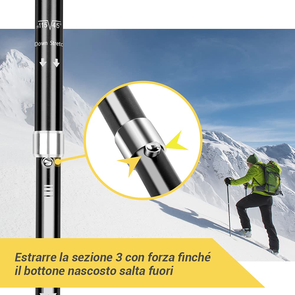 Glymnis Bastoni Trekking Bastoncini da Trekking Pieghevoli e Antiurto 110-130cm 5 Sezioni in Alluminio 7075 Impugnatura in Eva Punta in Carburo di Tungsteno per Escursioni 1 Paio