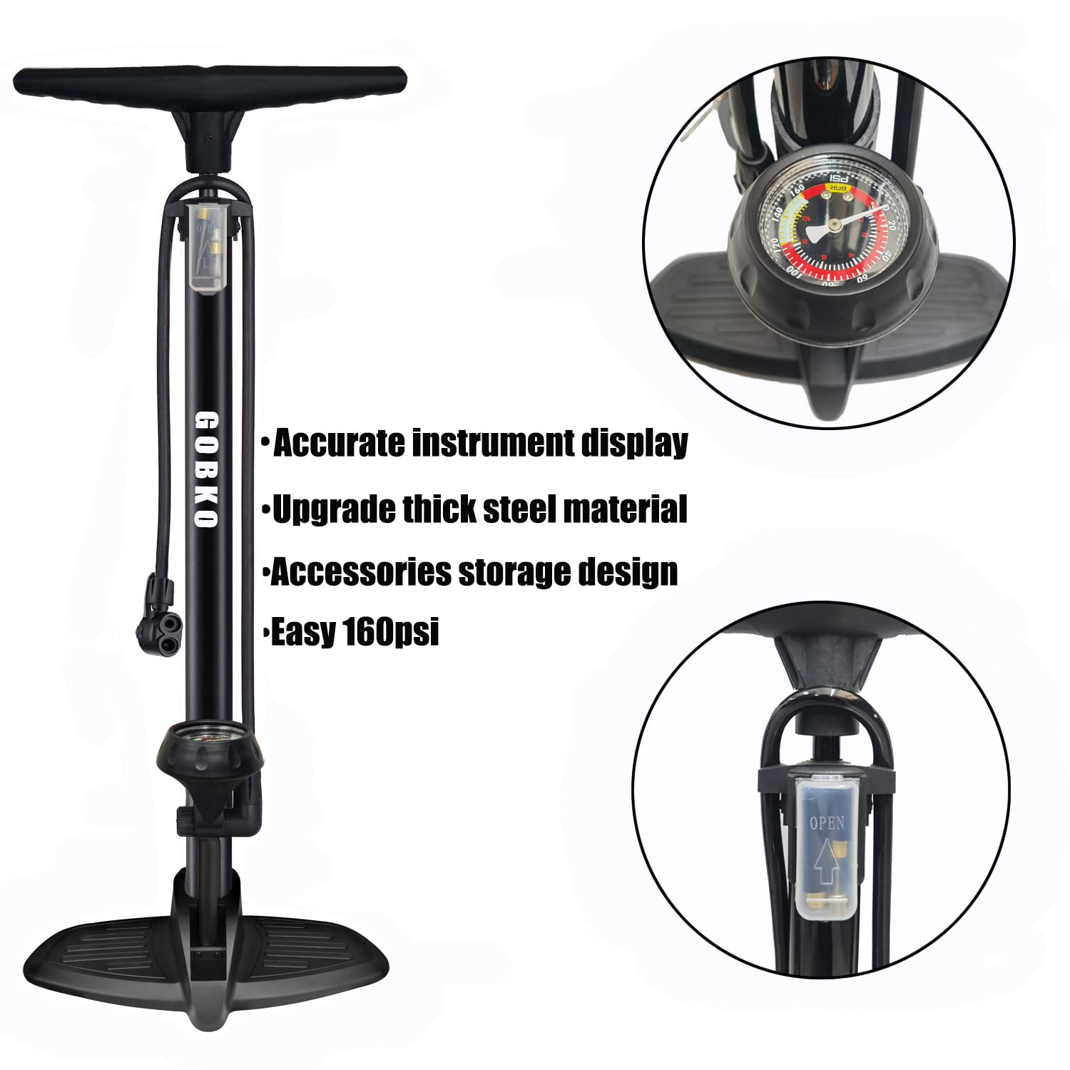 Pompa da pavimento per bici, pompa da bicicletta da pavimento con pompe per biciclette Presta & Schrader Valvole Pompa ad alta pressione portatile multiuso da 160 psi per bici e palloni