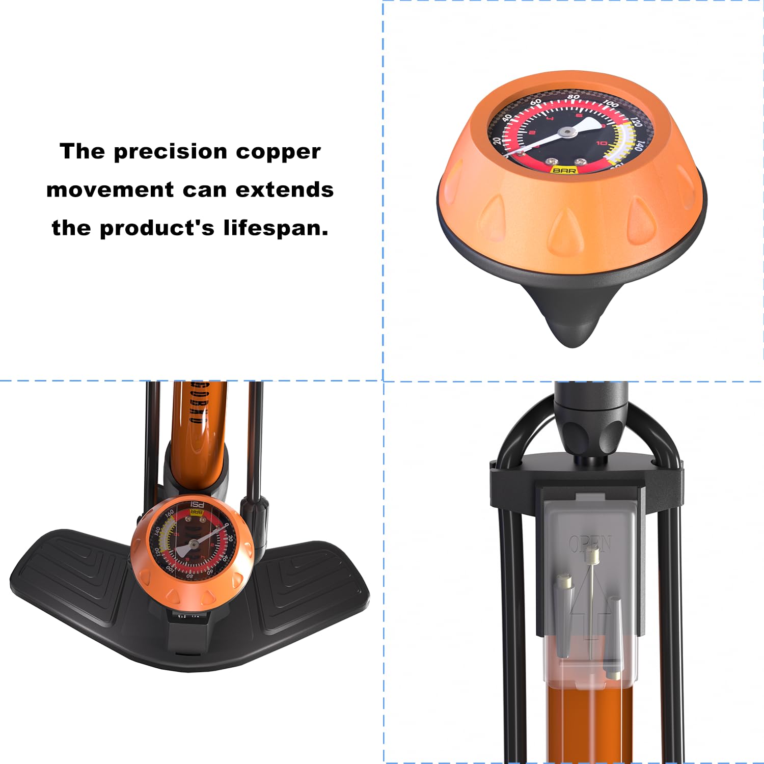 Pompa da pavimento per bici, pompa da bicicletta da pavimento con pompe per biciclette Presta & Schrader Valvole Pompa ad alta pressione portatile multiuso da 160 psi per bici e palloni
