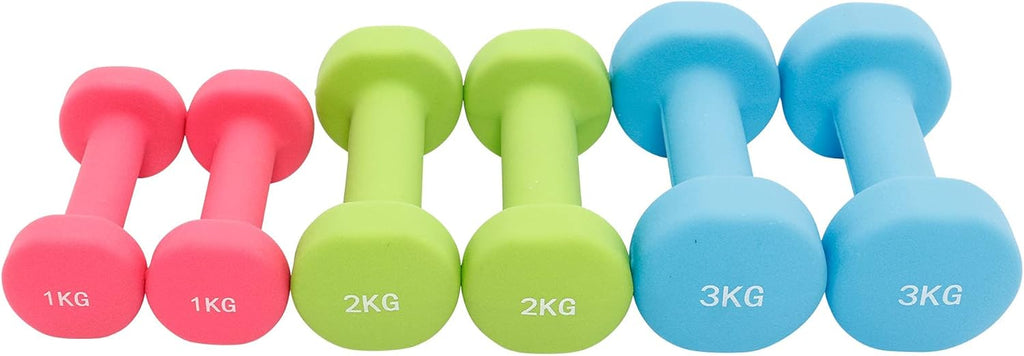 GORILLA SPORTS® Set di Manubri - 12 kg, Peso 2x1 kg, 2x2 kg, 2x3 kg, con Cassa 38 x 29,5 x 9 cm, Antiscivolo, in Ghisa e Neoprene - Pesi per Palestra, Esercizi, Fitness, Sollevamento, Casa
