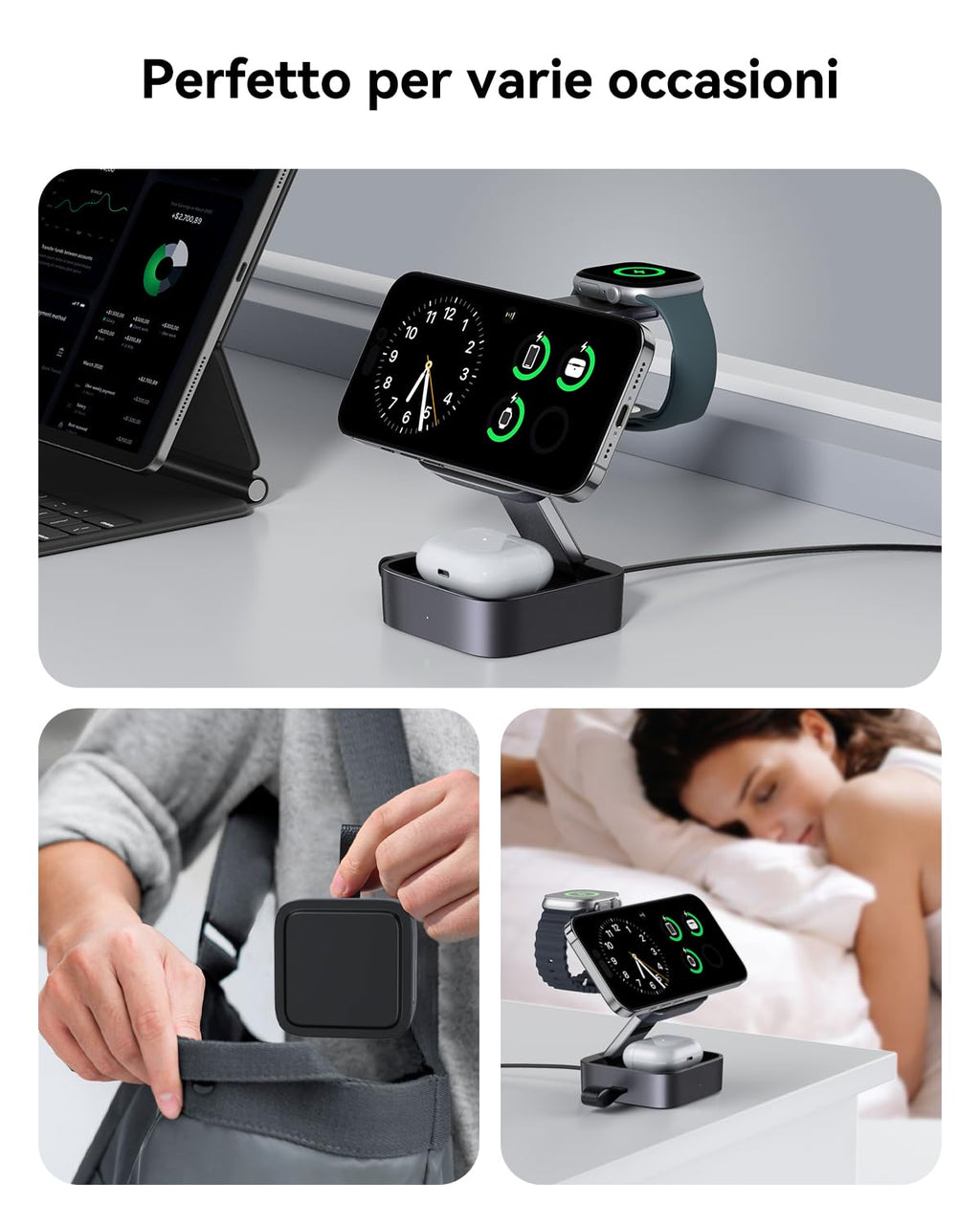 Stazione di ricarica 3 in 1 per Apple, caricabatterie da viaggio magnetico pieghevole veloce compatibile con Mag-Safe per iPhone 17e/17/16/15/14/13/12/Air, Apple Watch & AirPods Pro/4/3/2