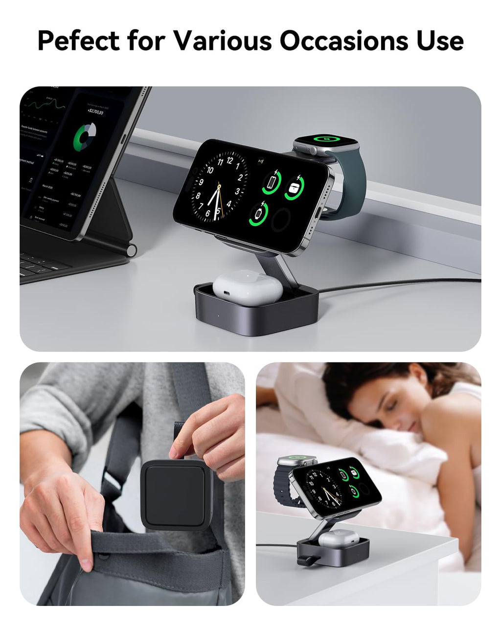 Stazione di ricarica 3 in 1 per Apple, caricabatterie da viaggio magnetico pieghevole veloce compatibile con Mag-Safe per iPhone 17e/17/16/15/14/13/12/Air, Apple Watch & AirPods Pro/4/3/2