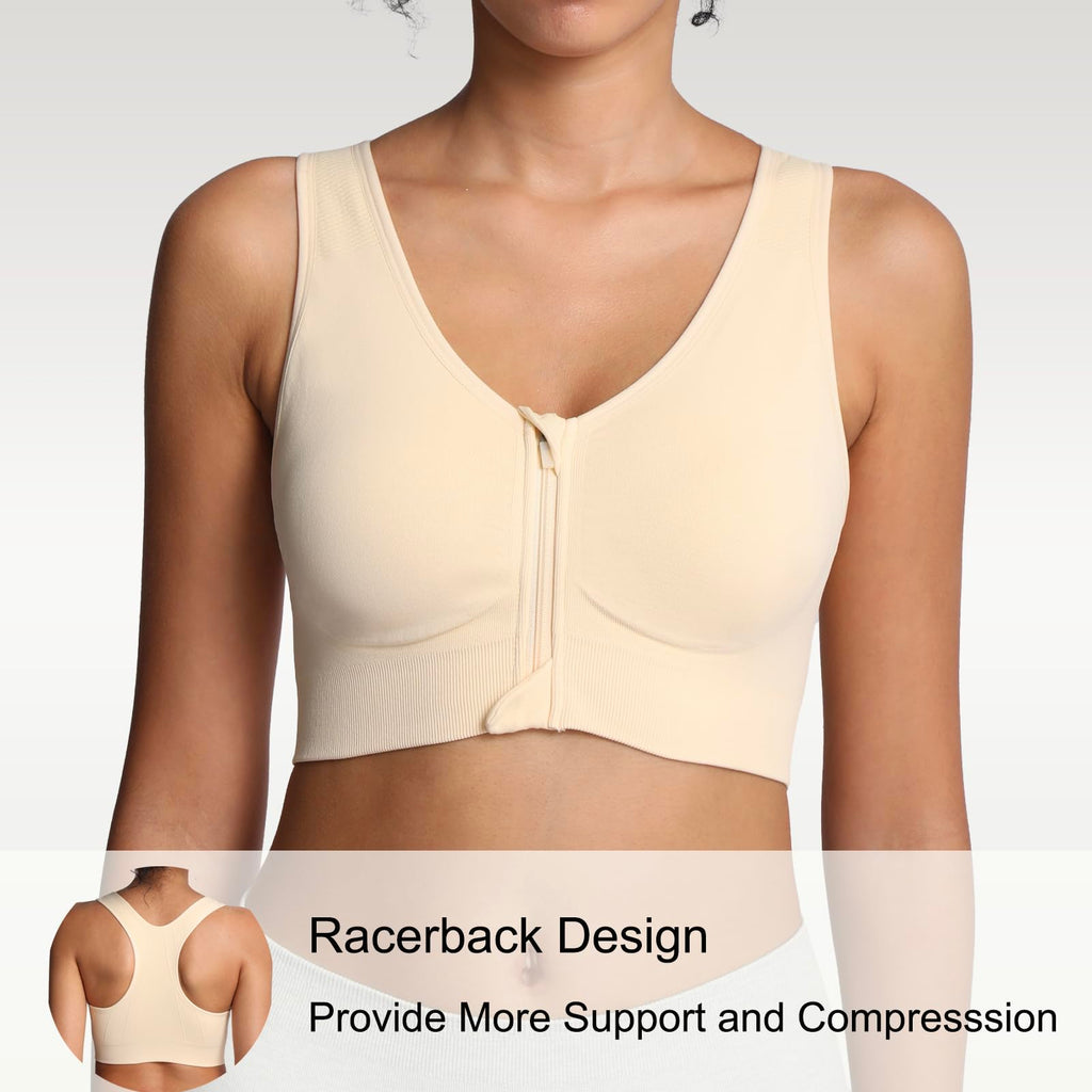 Lemef Soutiens-Gorge de Sport à Fermeture Éclair Avant pour Femmes Soutien-Gorge Post-Chirurgie sans Armature Fermeture Avant Dos Nageur Compression Mastectomie