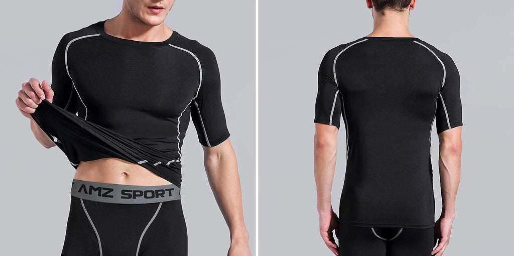 AMZSPORT Maglietta a Compressione da Uomo, a Maniche Corte, Funzionale, Cool Dry, per Allenamento e Corsa