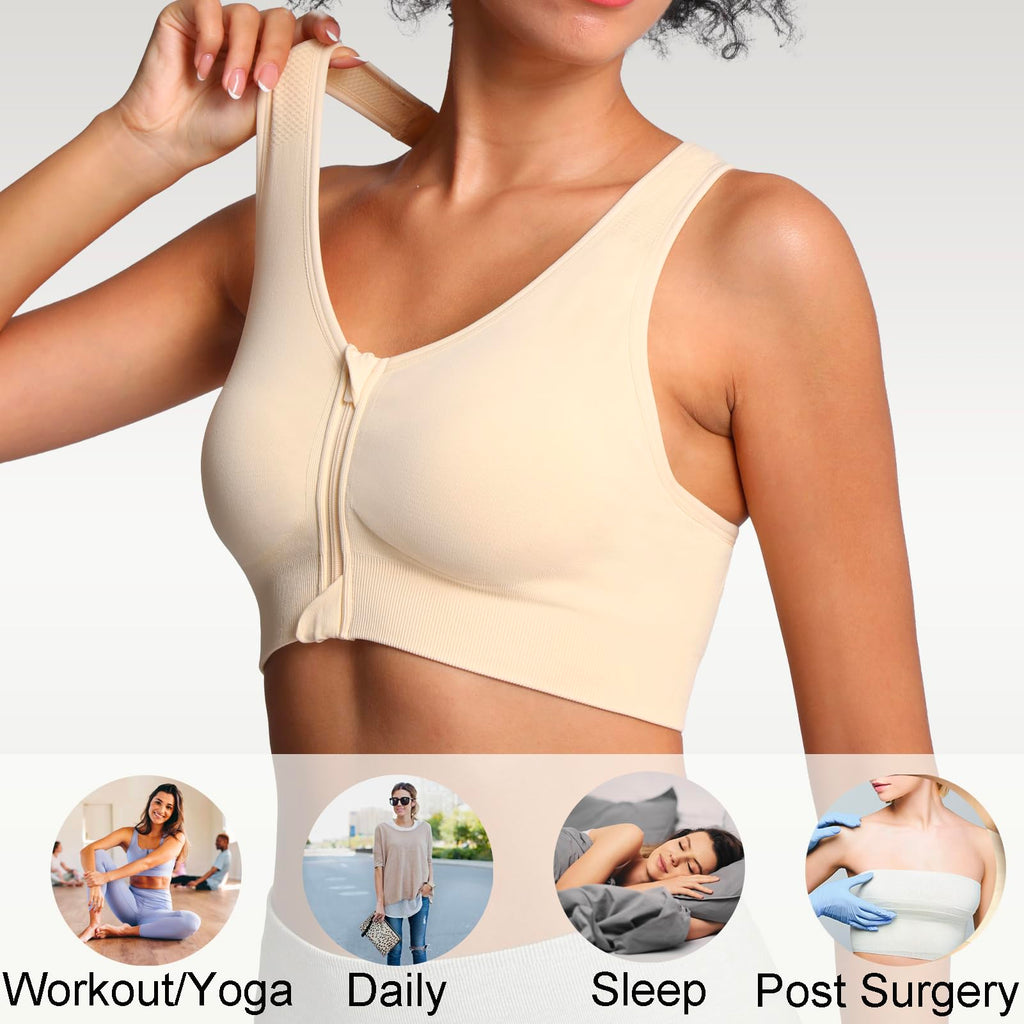 Lemef Soutiens-Gorge de Sport à Fermeture Éclair Avant pour Femmes Soutien-Gorge Post-Chirurgie sans Armature Fermeture Avant Dos Nageur Compression Mastectomie
