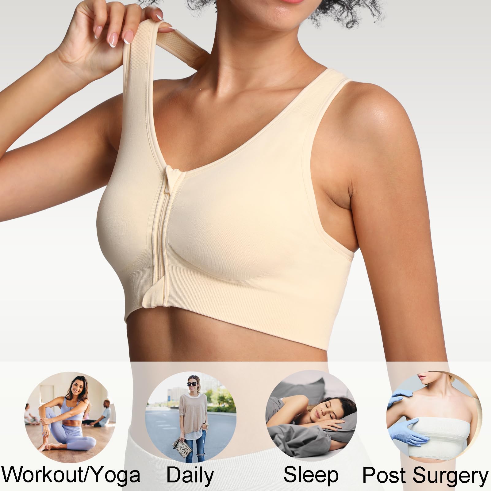 Lemef Soutiens-Gorge de Sport à Fermeture Éclair Avant pour Femmes Soutien-Gorge Post-Chirurgie sans Armature Fermeture Avant Dos Nageur Compression Mastectomie
