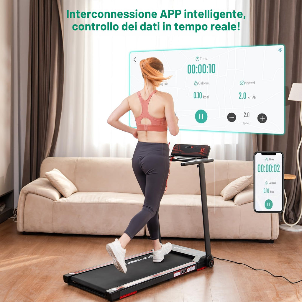 CITYSPORTS Tapis Roulant Elettrico Pieghevole 1-12km/h, Salvaspazio Con Display a LED, Supporto per App e Tablet a 360°, Compatto per Casa e Ufficio