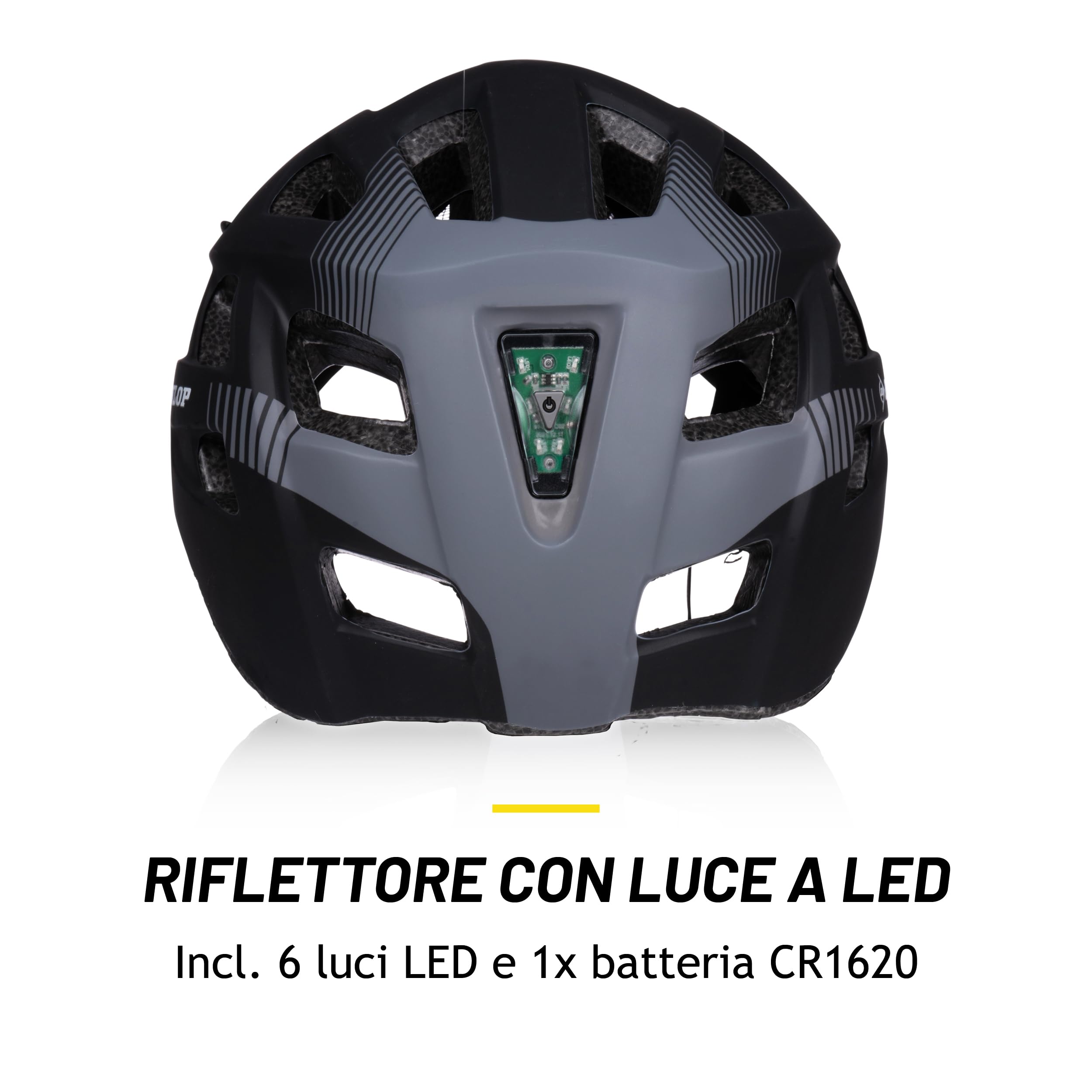 Dunlop Casco da bicicletta con luce - Casco da bicicletta per uomo e donna - Regolabile da 55 a 58 cm - Misura del casco da bicicletta - con illuminazione a LED - 3 modalità di luce - Nero