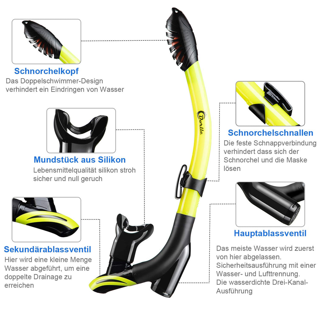 Dorlle Set da snorkeling con boccaglio e occhiali da immersione, impermeabile, anti-appannamento, in vetro temperato, con boccaglio a 3 canali Premium Dry per adulti