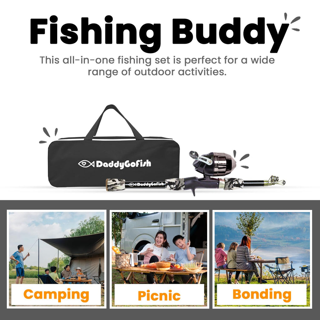 DaddyGoFish Kids Canna da Pesca Telescopica Spincast Combo Sedia Pieghevole Portacanna Tackle Box Bait Net Ragazzi Ragazze