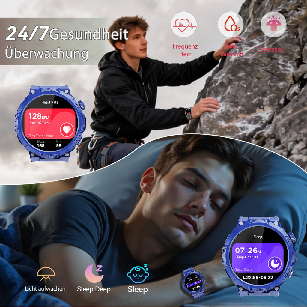Smartwatch Uomo Militare, Orologio Smartwatch 1.43" con Chiamate Bluetooth, 100+ Modalità Sportive, Batteria 1000 mAh, Monitoraggio Sonno e Cardiofrequenzimetro, Torcia e Bussola per IOS/Android