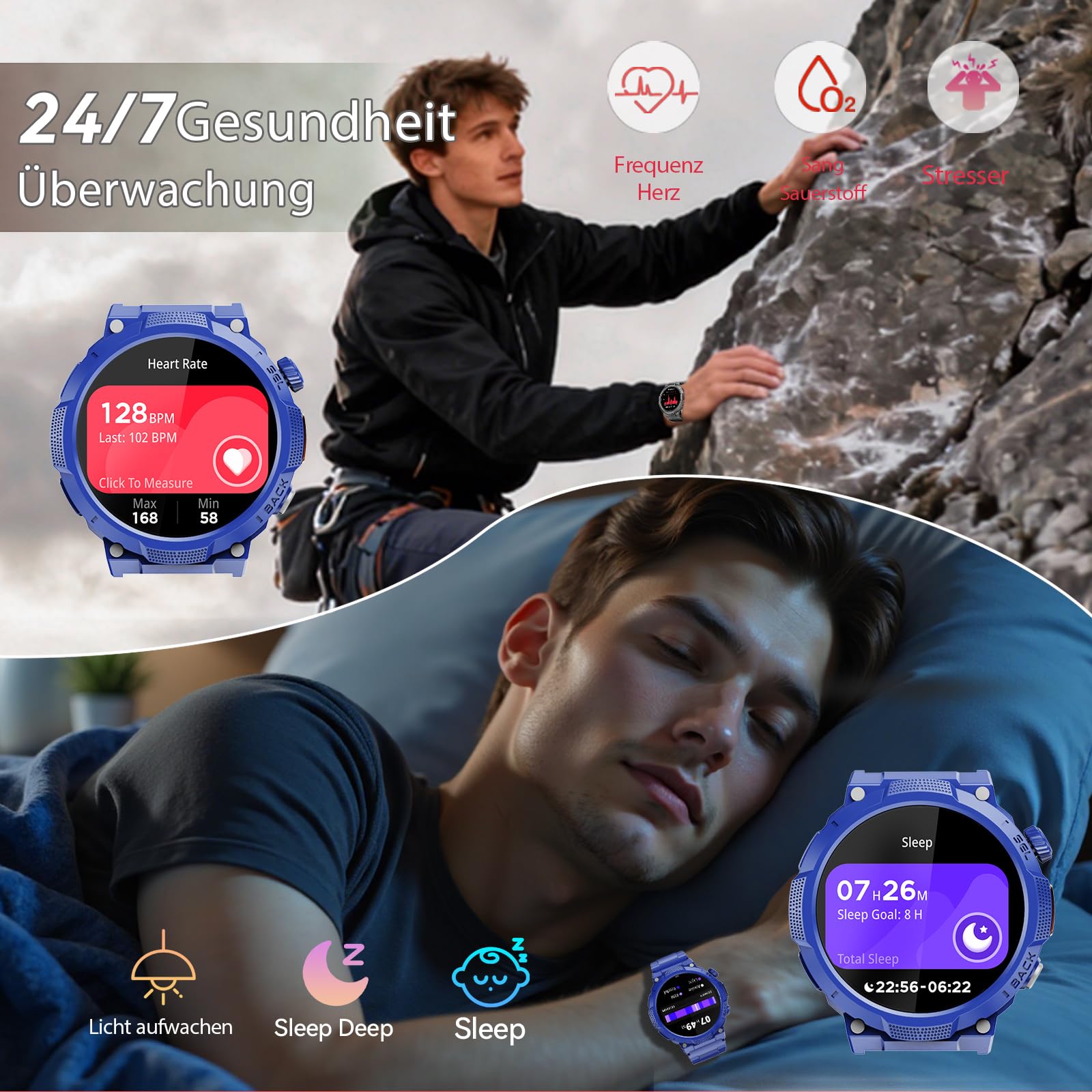 Smartwatch Uomo Militare, Orologio Smartwatch 1.43" con Chiamate Bluetooth, 100+ Modalità Sportive, Batteria 1000 mAh, Monitoraggio Sonno e Cardiofrequenzimetro, Torcia e Bussola per IOS/Android