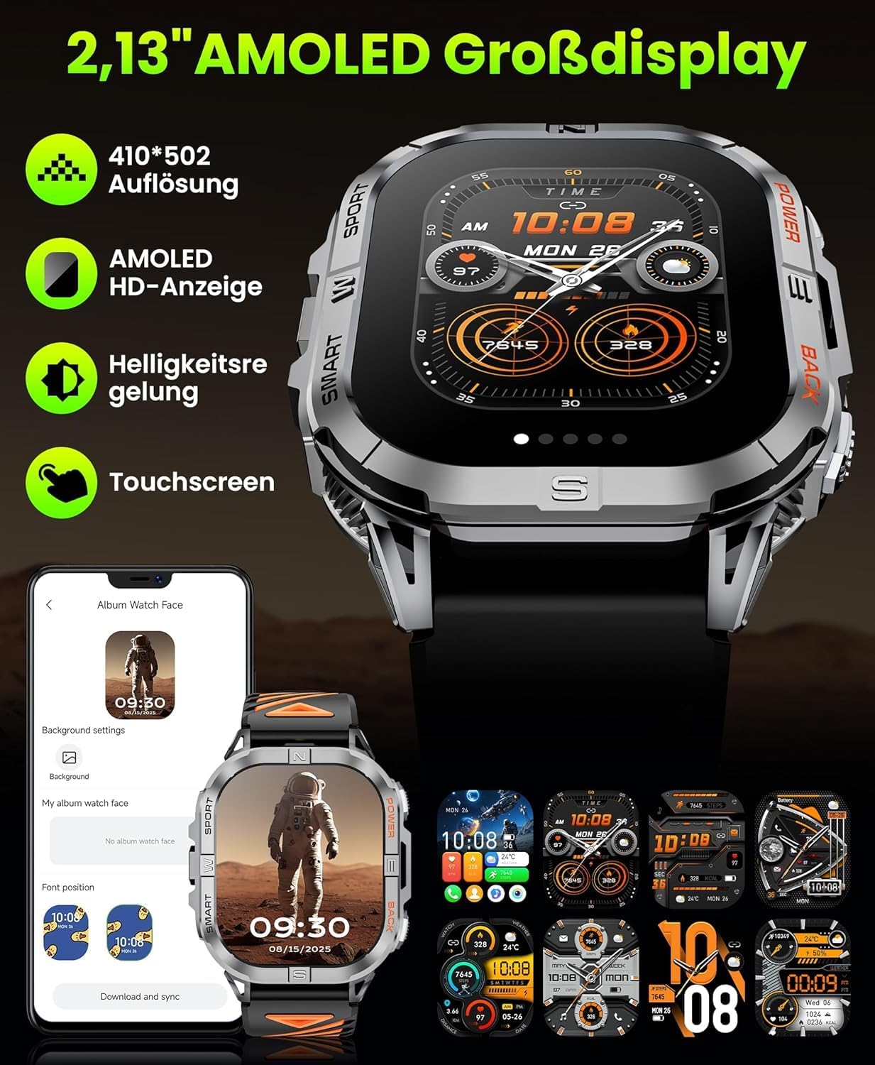 GPS Smartwatch Uomo, 2,13" AMOLED Militare Orologio con LED Torcia, Bussola,100+ Modalità Sportive, Monitoraggio della Salute, Chiamate Bluetooth per Android iOS