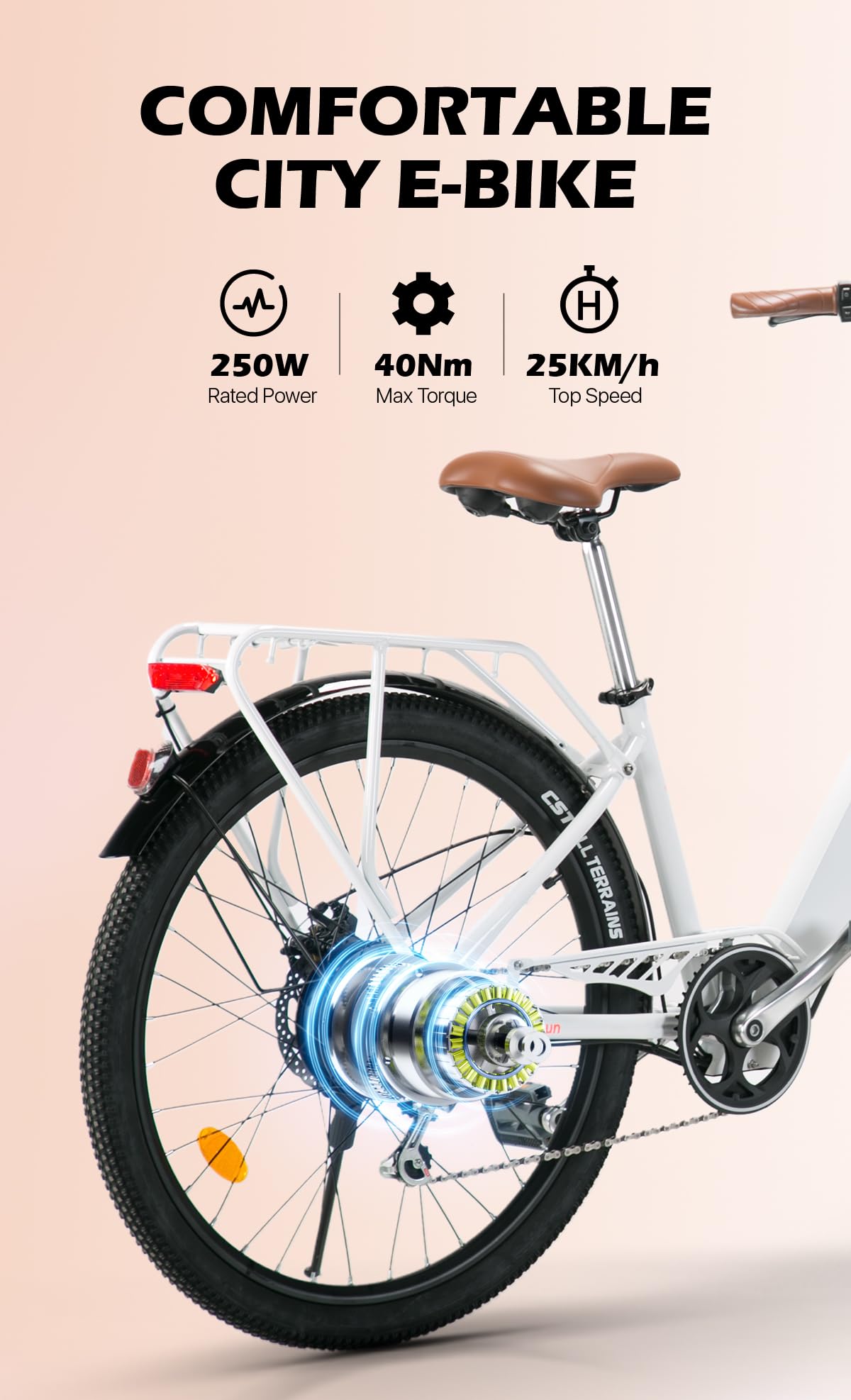 cysum cityrun bici elettrica donna, 26'' pedalata assistita Bicicletta Elettrica, City E-bike per adulti, 250W motore 25km/h, 36v 360WH batteria al litio, gamma 80KM, lcd dispaly