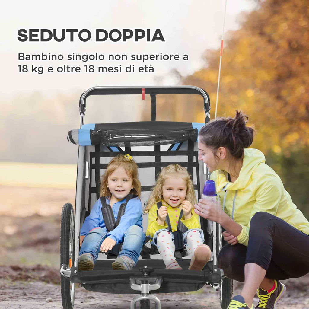HOMCOM Rimorchio Bici per Bambini e Passeggino, Design 2 in 1 con Freno, Cintura a 5 Punti, Carrello Rimorchio per Bicicletta con Tasche Laterali, Catarifrangenti e Bandierina
