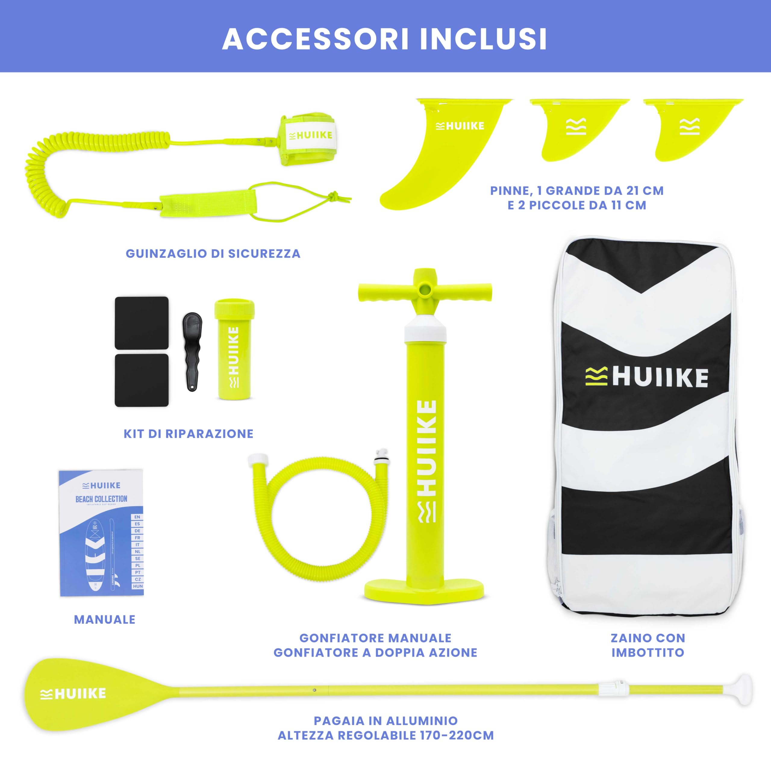 HUIIKE Tavola Sup Gonfiabile Adulti con Accessori Inclusi, Pagaia, Pinne, Pompa. Stand Up Paddle Board con Grande Stabilità e Resistenza. 305 x 84 x 15 cm, Carico Massimo 130 kg