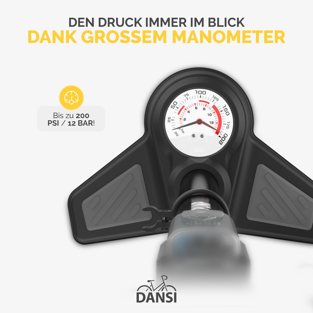 DANSI Pompa per bicicletta a pedale con valvole AV, SV, DV - Pompa ad aria per bicicletta con manometro grande, adattatori e serbatoio | Pompa per moto, bici elettrica, auto e articoli sportivi