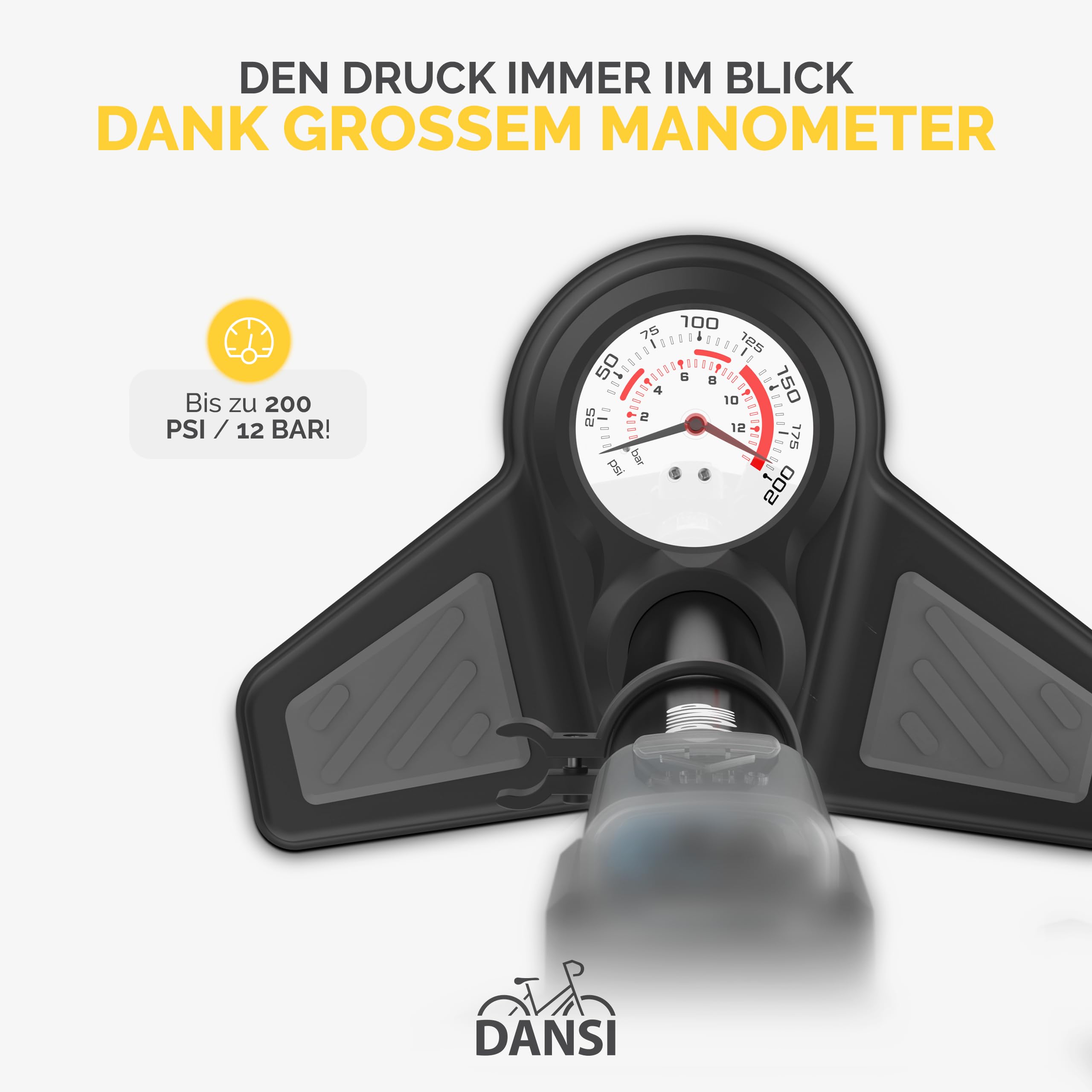 DANSI Pompa per bicicletta a pedale con valvole AV, SV, DV - Pompa ad aria per bicicletta con manometro grande, adattatori e serbatoio | Pompa per moto, bici elettrica, auto e articoli sportivi