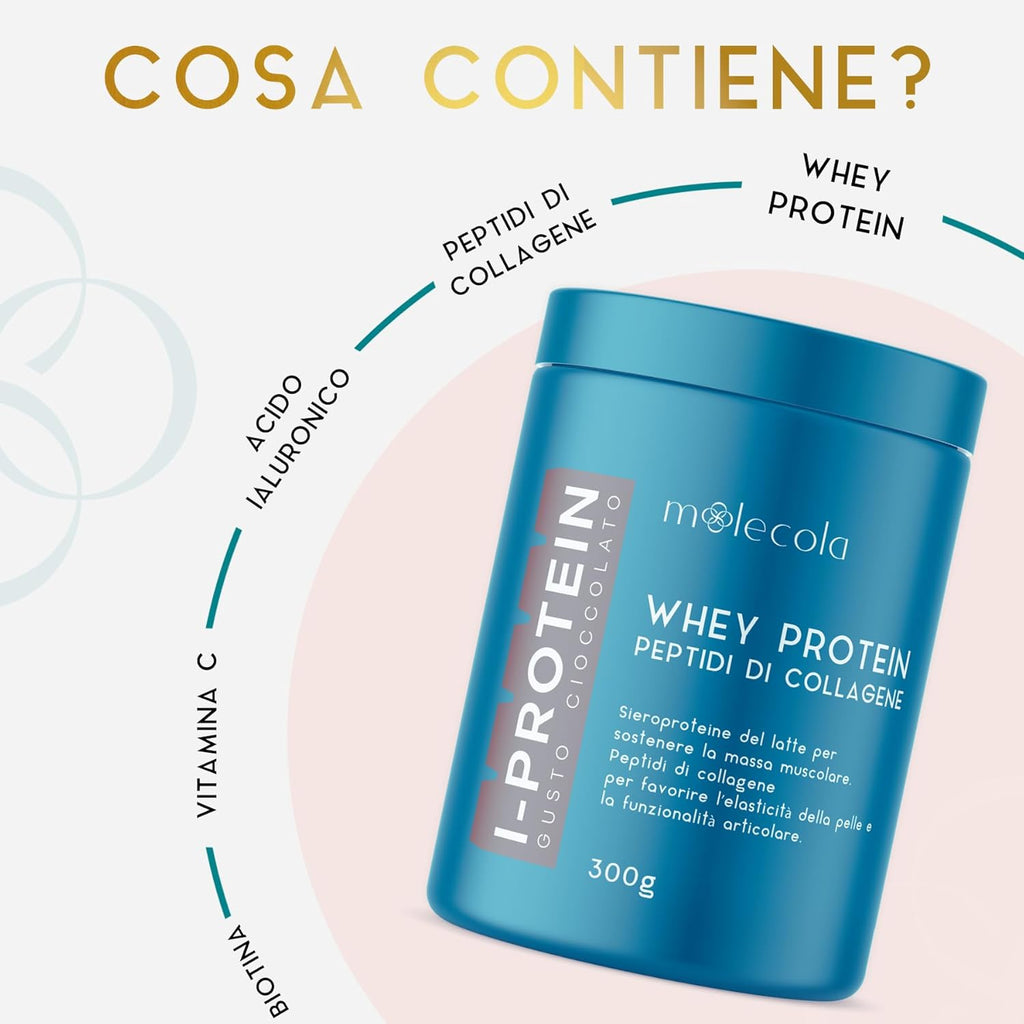 I-PROTEIN Whey Protein, Proteine del Siero del Latte con Peptidi di Collagene Idrolizzato, gusto Cioccolato, Arricchito con Vitamina C, Acido Ialuronico e Biotina