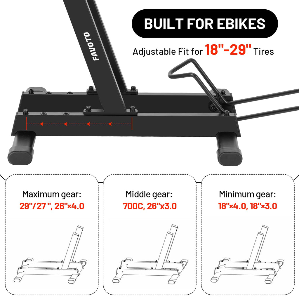 Favoto Cavalletto per E-Bike e Biciclette - Supporto da Pavimento per Bici Elettriche e Tradizionali da 20-29 Pollici Corsa Mountain Capacità Massima 38kg Nero