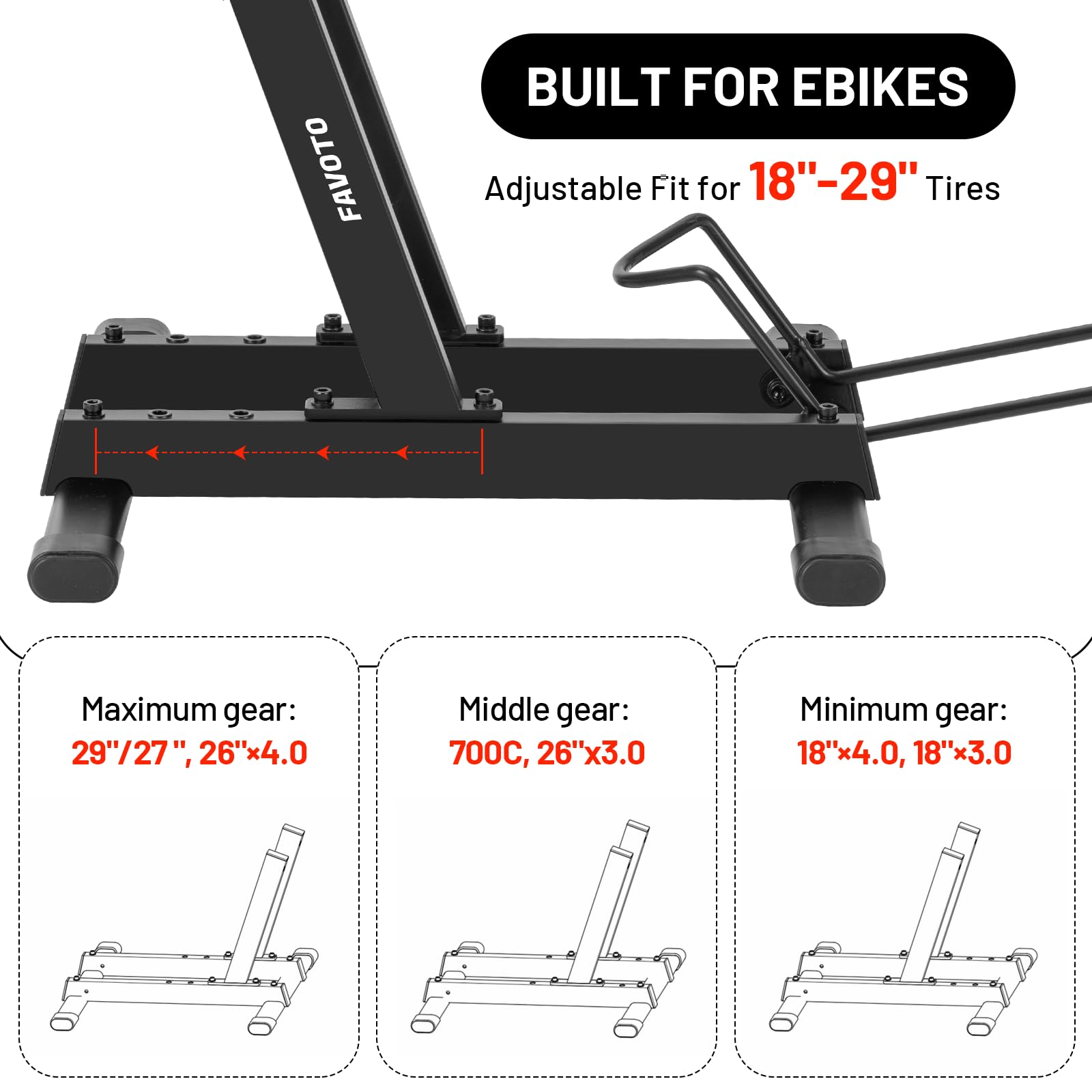 Favoto Cavalletto per E-Bike e Biciclette - Supporto da Pavimento per Bici Elettriche e Tradizionali da 20-29 Pollici Corsa Mountain Capacità Massima 38kg Nero
