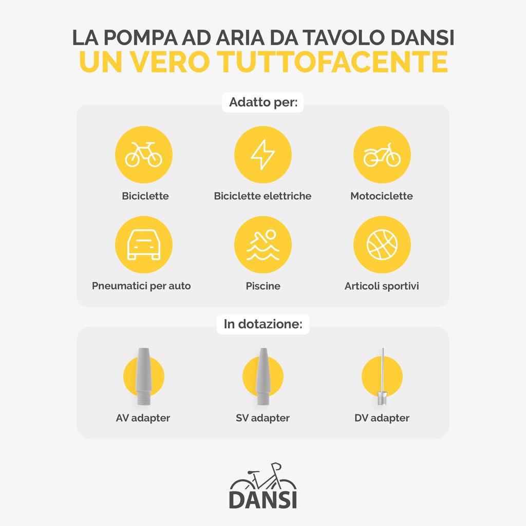 DANSI Pompa per bicicletta a pedale con valvole AV, SV, DV - Pompa ad aria per bicicletta con manometro grande, adattatori e serbatoio | Pompa per moto, bici elettrica, auto e articoli sportivi
