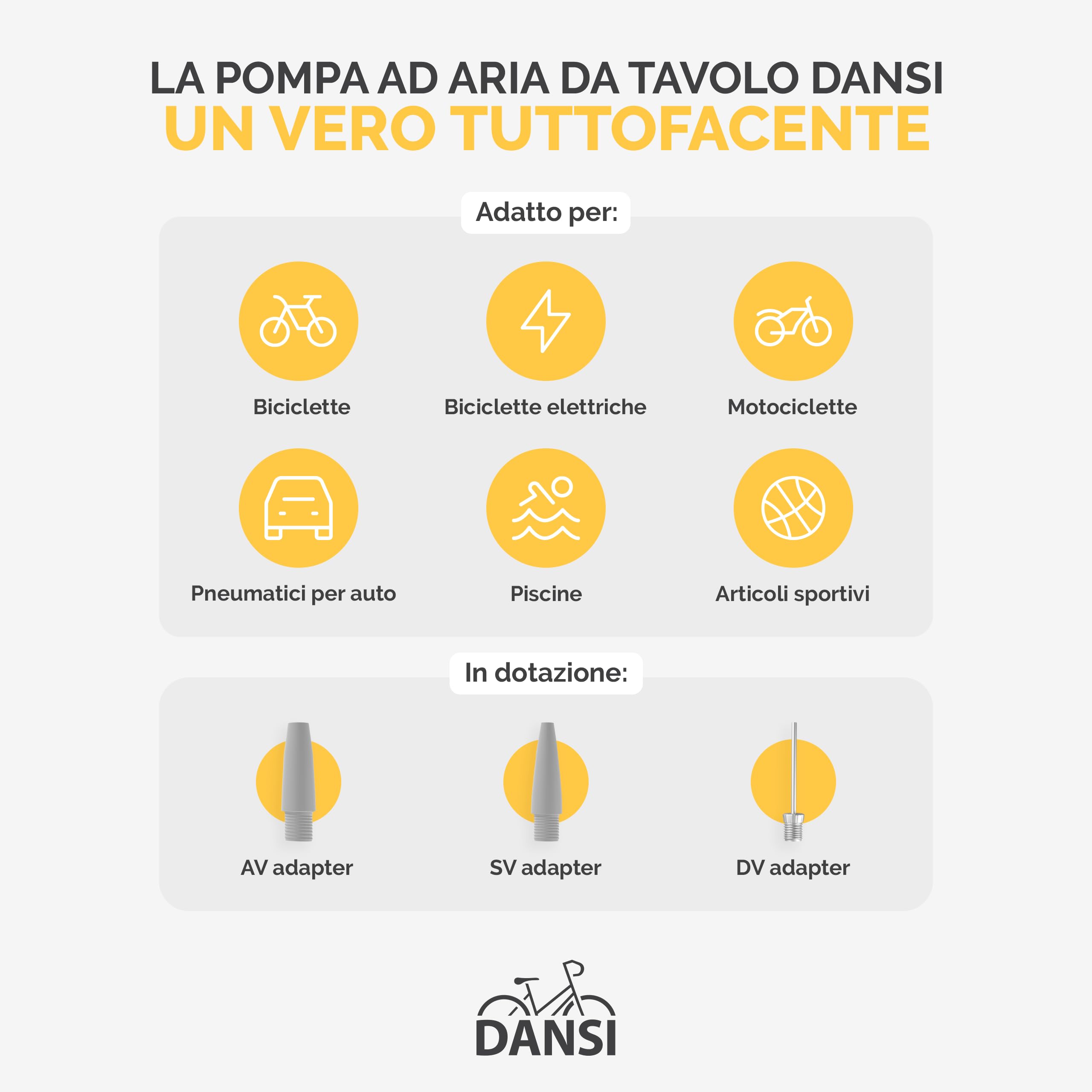 DANSI Pompa per bicicletta a pedale con valvole AV, SV, DV - Pompa ad aria per bicicletta con manometro grande, adattatori e serbatoio | Pompa per moto, bici elettrica, auto e articoli sportivi