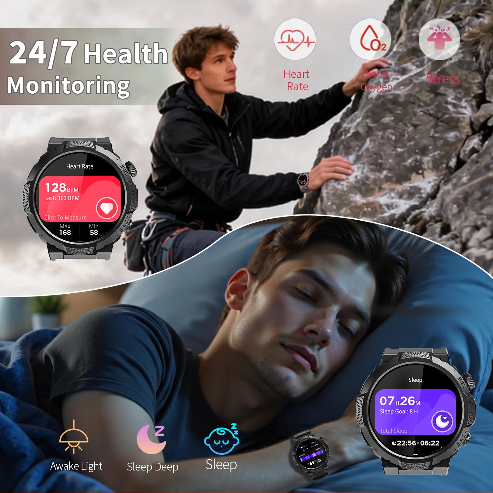 Smartwatch Uomo Militare, Orologio Smartwatch 1.43" con Chiamate Bluetooth, 100+ Modalità Sportive, Batteria 1000 mAh, Monitoraggio Sonno e Cardiofrequenzimetro, Torcia e Bussola per IOS/Android