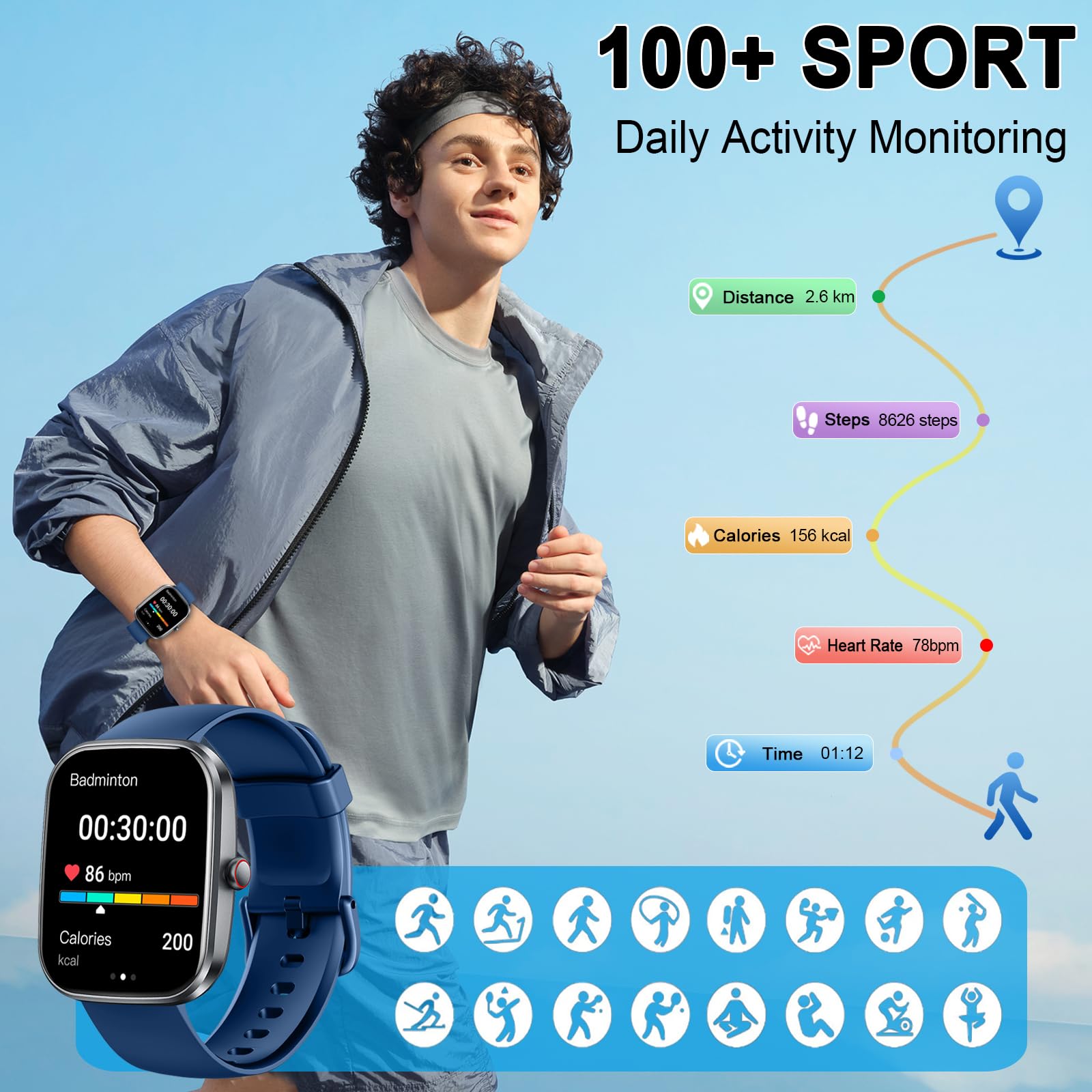 Smartwatch Uomo Militare, Orologio Smartwatch 1.43" con Chiamate Bluetooth, 100+ Modalità Sportive, Batteria 1000 mAh, Monitoraggio Sonno e Cardiofrequenzimetro, Torcia e Bussola per IOS/Android