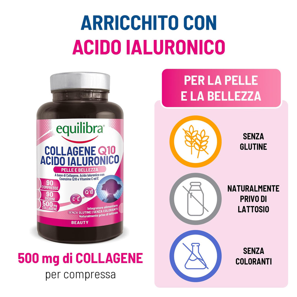 Equilibra Integratori Alimentari, Collagene Q10 Acido Ialuronico, Benessere e Bellezza della Pelle, a Base di Collagene Idrolizzato, Acido Ialuronico, Coenzima Q10, Vitamine C ed E, 90 Compresse