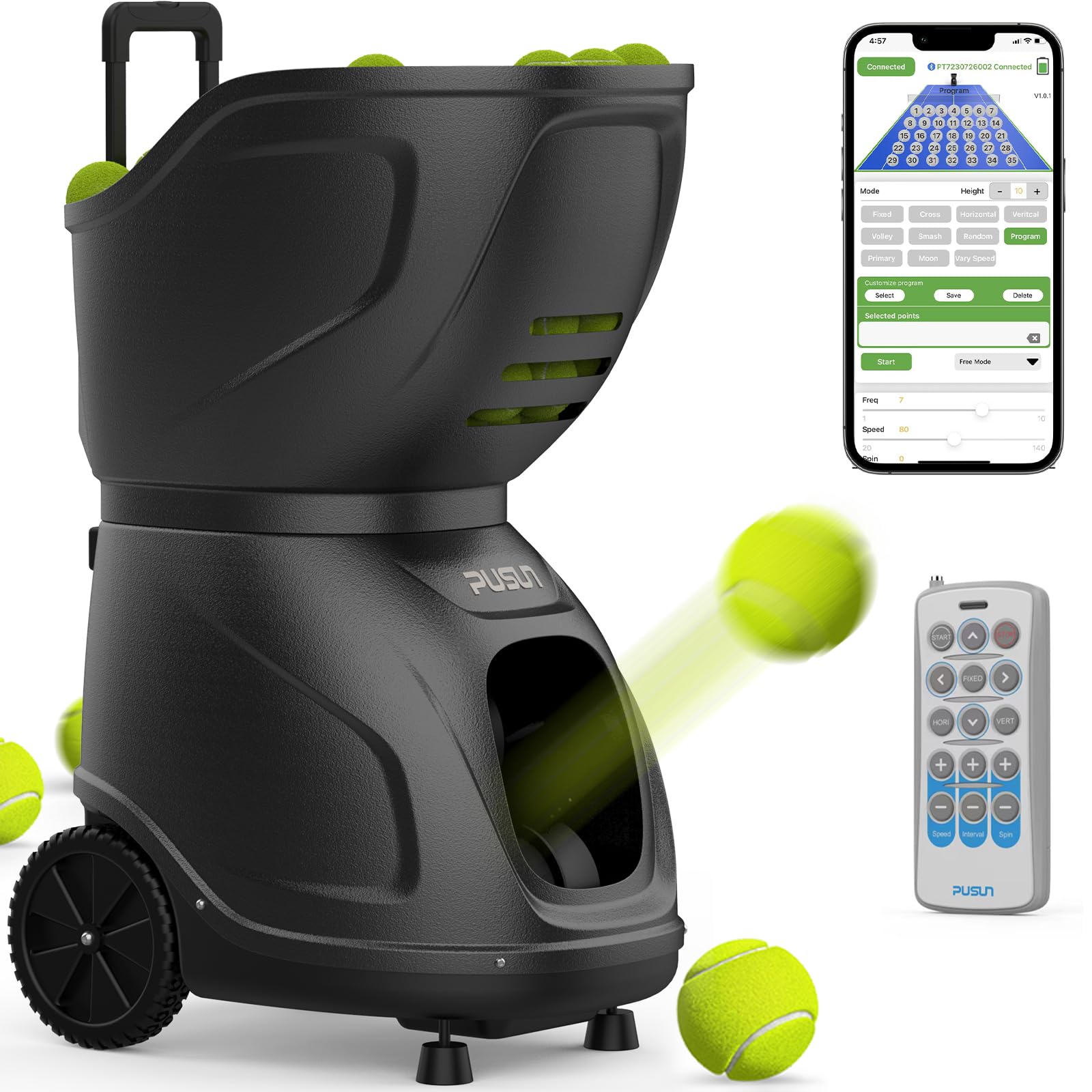 PT-9001 Pro - Macchina per palline da tennis portatile, automatico, per allenamento e pratica di giocatori di tutti i livelli, pre-programmati e personalizzati, completo di app/telecomando.