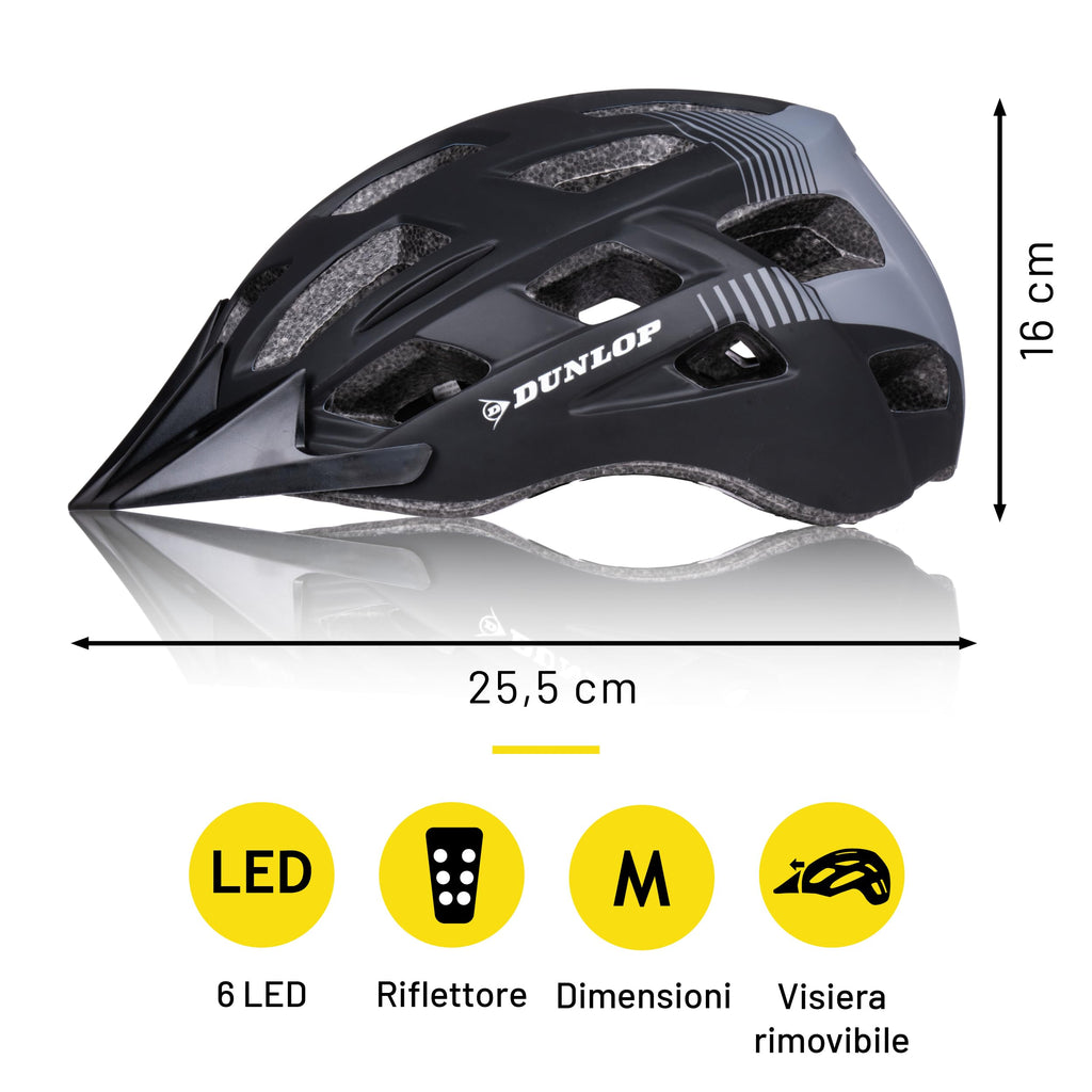 Dunlop Casco da bicicletta con luce - Casco da bicicletta per uomo e donna - Regolabile da 55 a 58 cm - Misura del casco da bicicletta - con illuminazione a LED - 3 modalità di luce - Nero