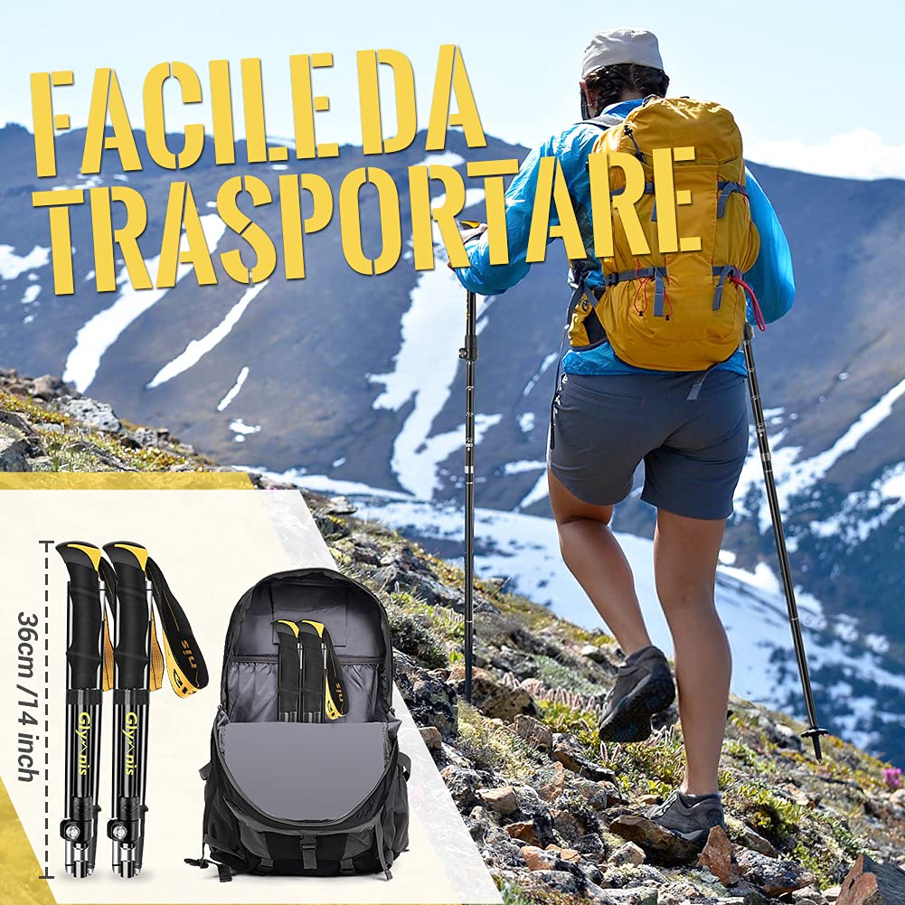 Glymnis Bastoni Trekking Bastoncini da Trekking Pieghevoli e Antiurto 110-130cm 5 Sezioni in Alluminio 7075 Impugnatura in Eva Punta in Carburo di Tungsteno per Escursioni 1 Paio