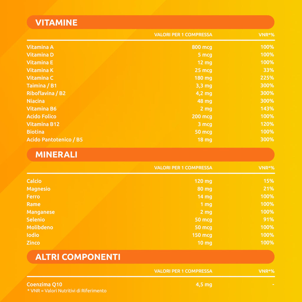 Supradyn Ricarica Multivitaminico Completo Vitamine e Minerali per Adulti, Integratore Vitamine A, B, C, D3, E, K, Magnesio, Calcio, Zinco, Selenio e Q10, Gusto Arancia 60 Compresse Effervescenti