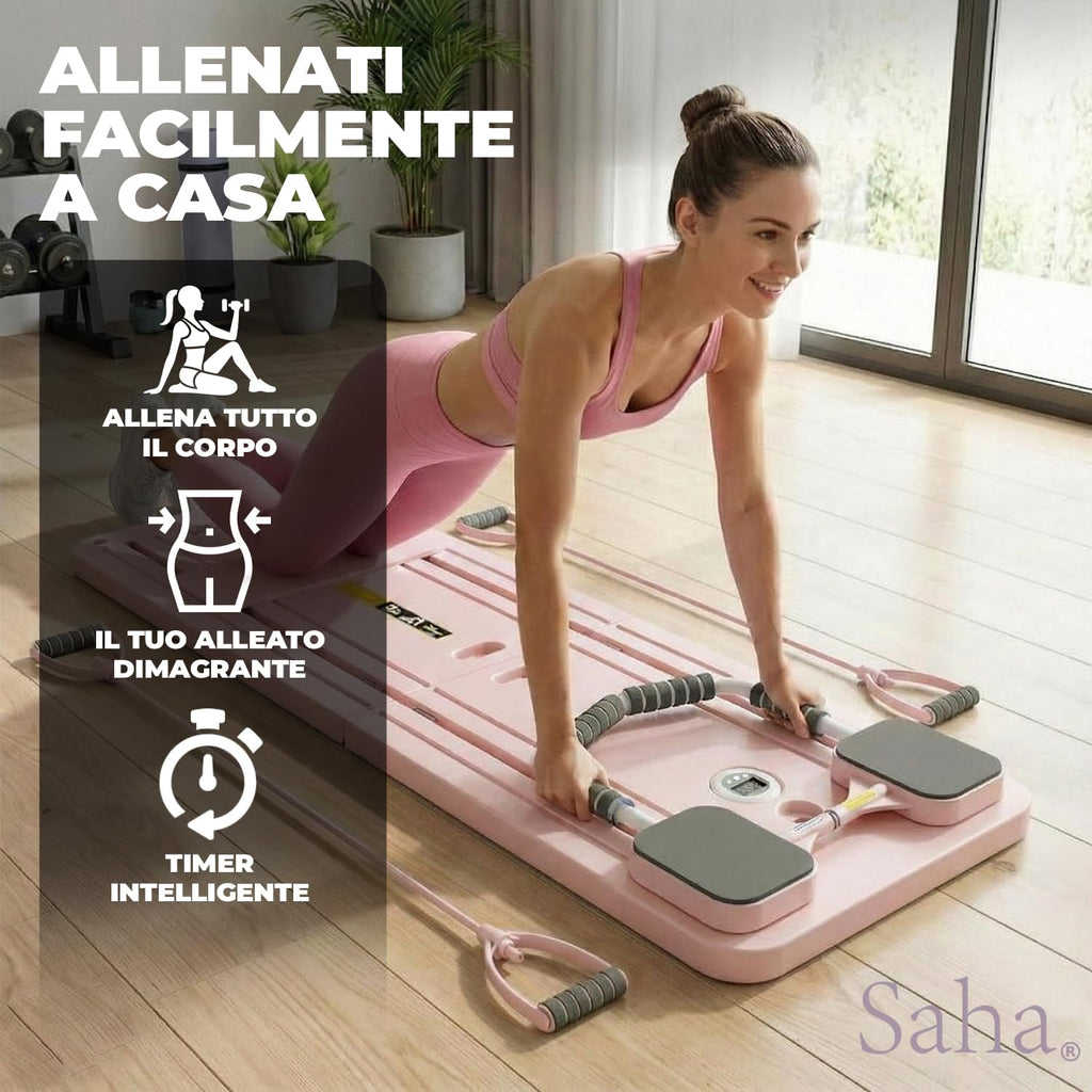 Saha® Tavola Pilates Reformer | Attrezzo Addominali Fitness Casa con Bande di Resistenza, Maniglie e Timer | Yoga Core Allenamento Corpo Completo | Original Corner