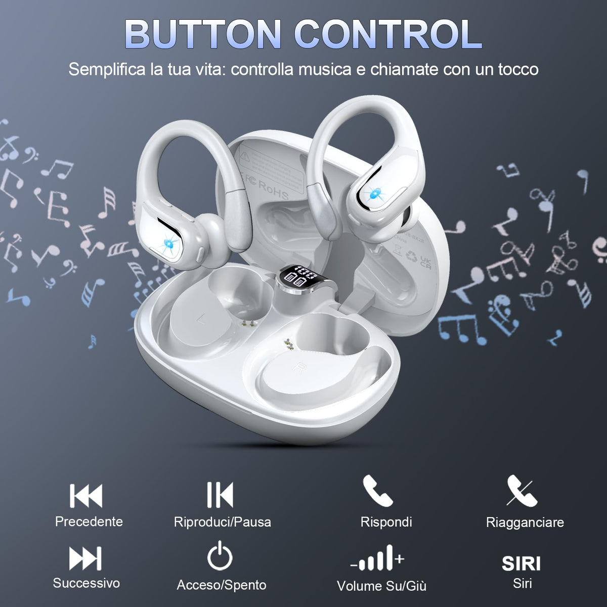 Cuffie Bluetooth 5.4 Sport, Auricolari Bluetooth 75 Ore HiFi Stereo,Cuffie Wireless Impermeabili IPX8,4 ENC Cancellazione Rumore Mic,Con Display a LED, Headphones Per Corsa e Sport Estremi, USB-C