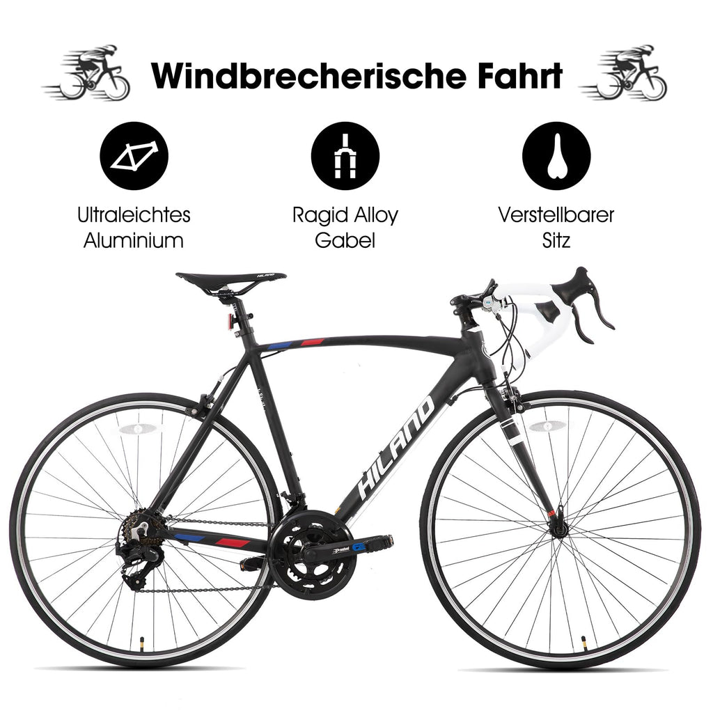 HILAND Alliance Bici da Strada 28”, 14 Velocità, Telaio in Alluminio da 49/53/57 cm, 700C Bicicletta da Città e da Pendolare per Uomo e Donna, Nero/Bianco